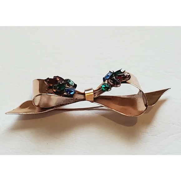 Rare Vintage Signed Coro Sterling Craft Multi-Color Rhinestone Bow Brooch Pin - Picture 7 of 8